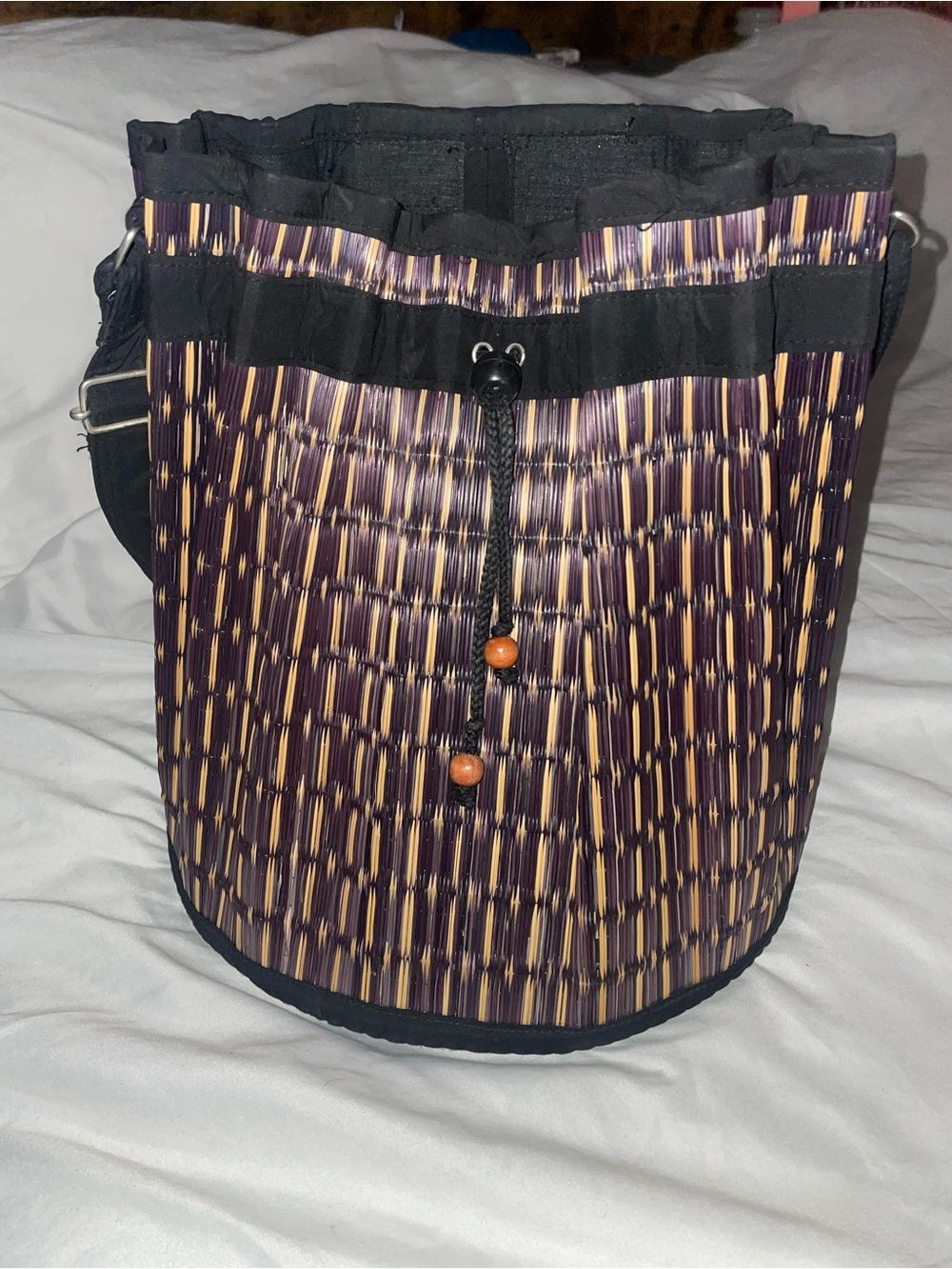 Woven Drawstring Bucket Tote in Purple and Natural